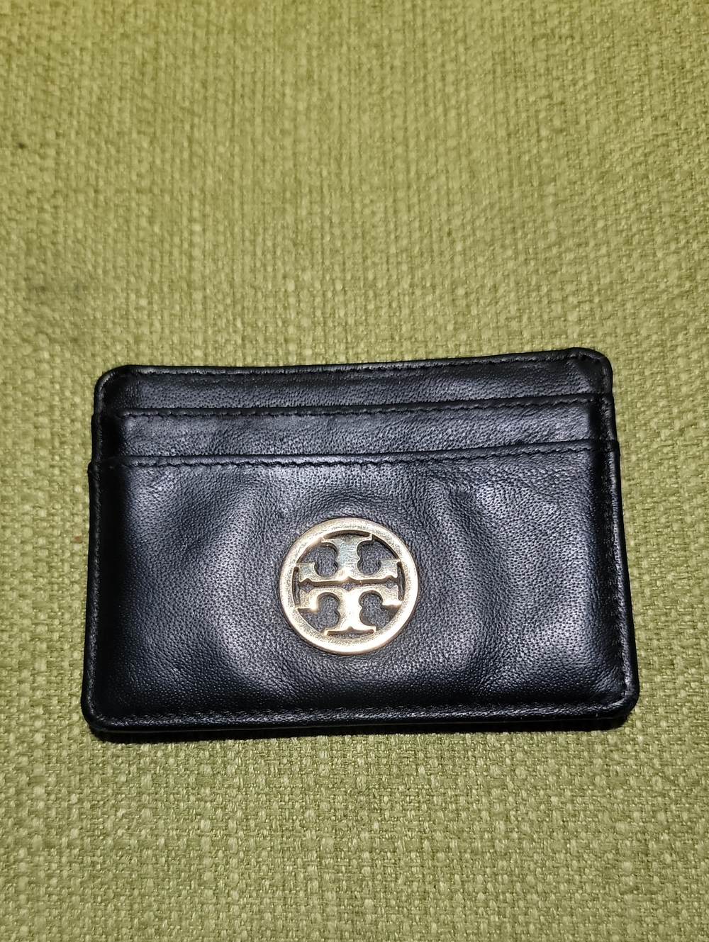 Tory Burch Black Leather Card Holder with Gold Emblem